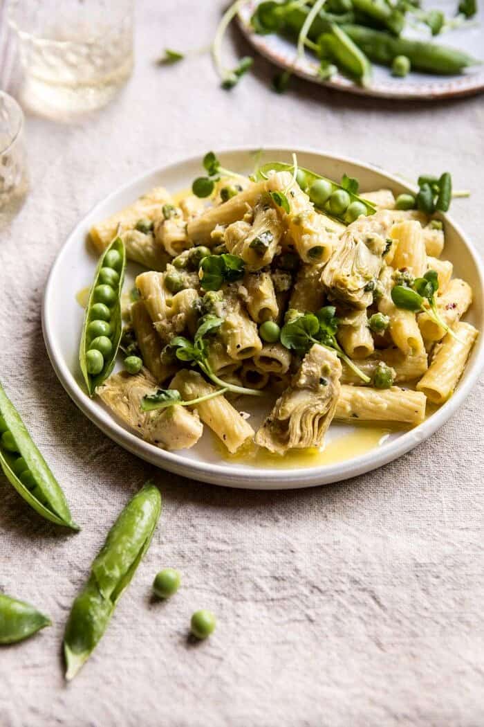 30 Minute Artichoke and Pea Rigatoni Pasta | halfbakedharvest.com #pasta #spring #artichokes #recipes