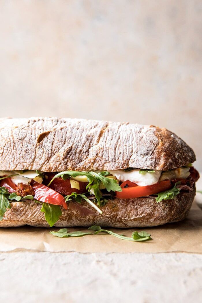 Antipasto Mozzarella Sandwich with Lemony Basil Pesto | halfbakedharvest.com #sandwich #italian #spring #summer #recipes