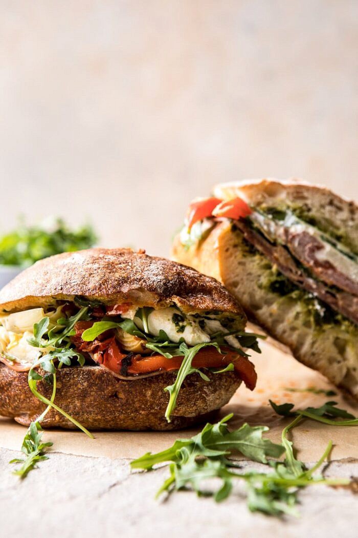 Antipasto Mozzarella Sandwich with Lemony Basil Pesto | halfbakedharvest.com #sandwich #italian #spring #summer #recipes
