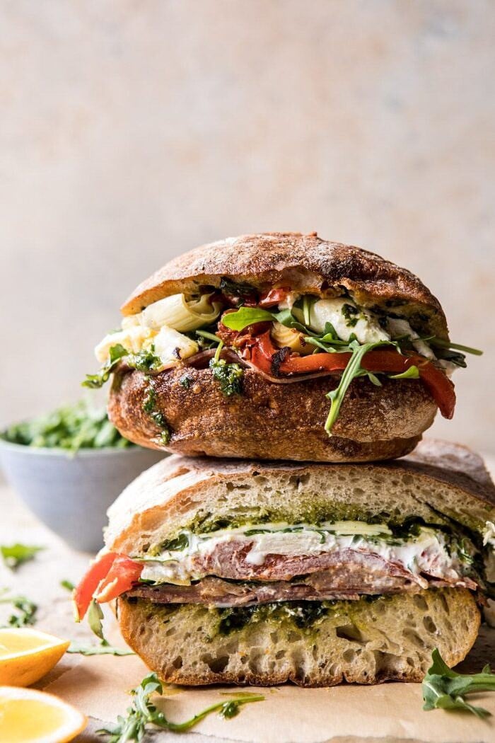 Antipasto Mozzarella Sandwich with Lemony Basil Pesto | halfbakedharvest.com #sandwich #italian #spring #summer #recipes
