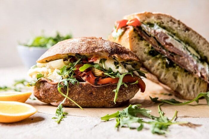 Antipasto Mozzarella Sandwich with Lemony Basil Pesto | halfbakedharvest.com #sandwich #italian #spring #summer #recipes