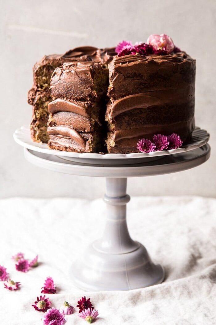 Coconut Banana Cake with Chocolate Frosting | halfbakedharvest.com #Easter #cake #chocolate #spring
