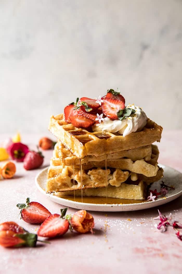 Overnight Waffles with Whipped Meyer Lemon Cream and Strawberries | halfbakedharvest.com #brunch #breakfast #waffles #east #mothersday