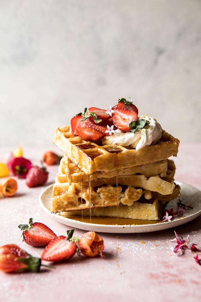 Overnight Waffles with Whipped Meyer Lemon Cream and Strawberries | halfbakedharvest.com #brunch #breakfast #waffles #east #mothersday