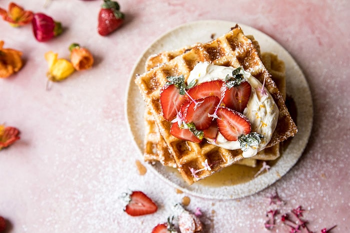 Overnight Waffles with Whipped Meyer Lemon Cream and Strawberries | halfbakedharvest.com #brunch #breakfast #waffles #east #mothersday