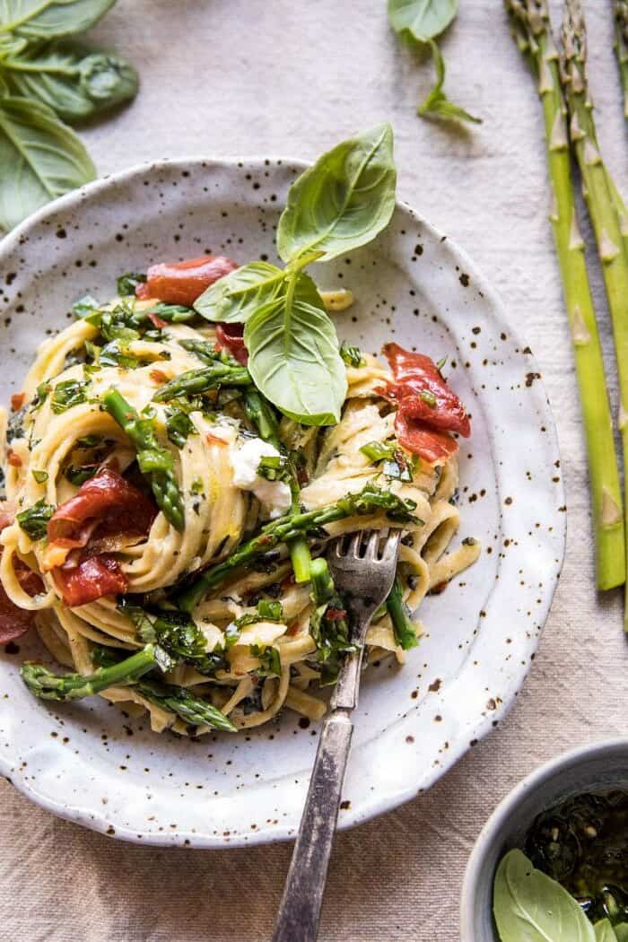 Spicy Pesto, Asparagus, and Ricotta Pasta with Crispy Prosciutto | halfbakedharvest.com #pasta #recipes #quick