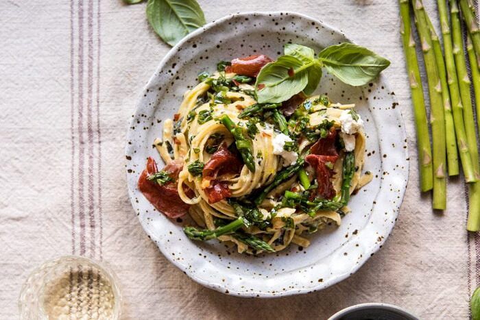 Spicy Pesto, Asparagus, and Ricotta Pasta with Crispy Prosciutto | halfbakedharvest.com #pasta #recipes #quick