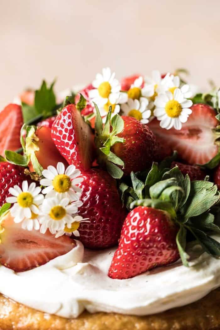 Strawberry Chamomile Naked Cake | halfbakedharvest.com #cake #spring #strawberry #recipes #easter