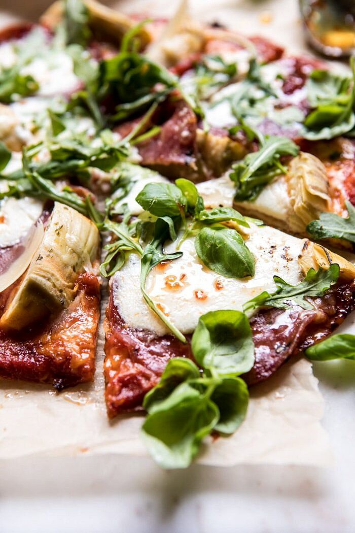 15 Minute Thin Crust Pizza with Arugula and Hot Honey | halfbakedharvest.com #pizza #quick #easy #recipe