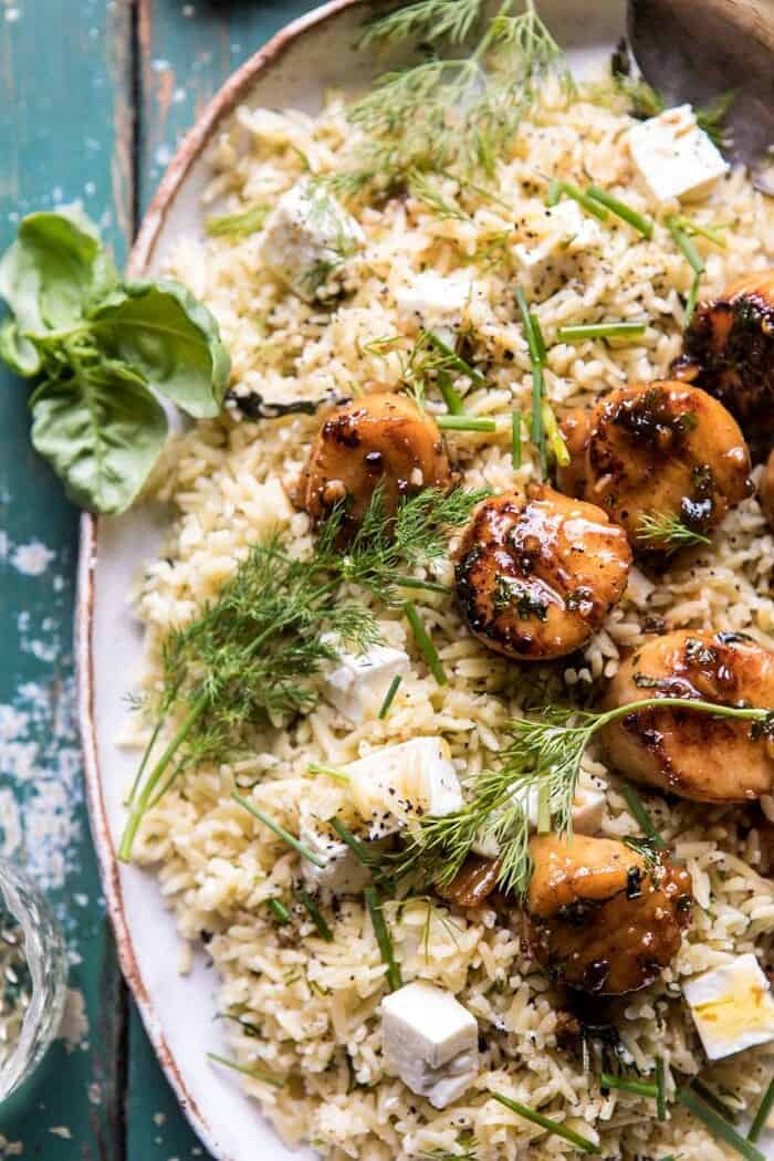 20 Minute Honey Garlic Butter Scallops and Orzo | halfbakedharvest.com #quick #easy #spring #recipes