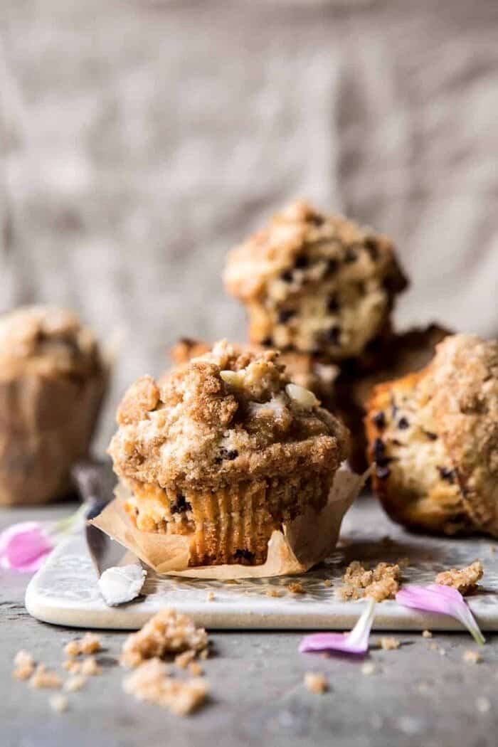 Better Than the Bakery Chocolate Chip Coffee Cake Muffins | halfbakedharvest.com #breakfast #brunch #chocolate