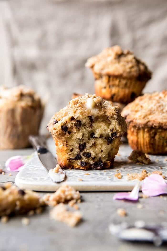 Better Than the Bakery Chocolate Chip Coffee Cake Muffins | halfbakedharvest.com #breakfast #brunch #chocolate