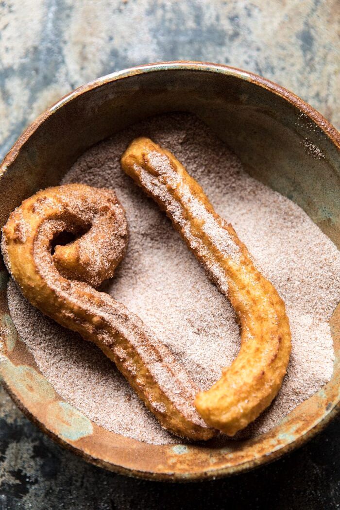 Easy Cinnamon Churros with Coffee Chocolate Sauce | halfbakedharvest.com #mexican #doughnut #dessert #chocolate