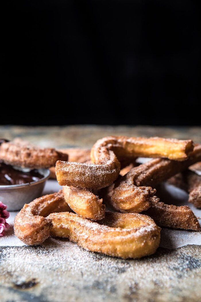 Easy Cinnamon Churros with Coffee Chocolate Sauce | halfbakedharvest.com #mexican #doughnut #dessert #chocolate