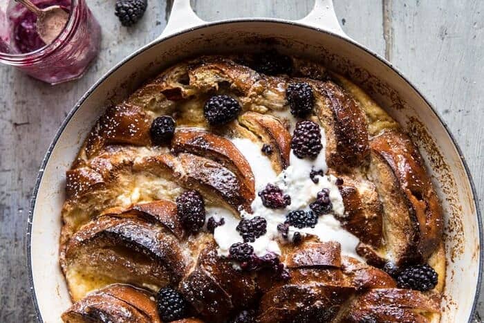 horizontal photo of Baked Blackberry Ricotta French Toast