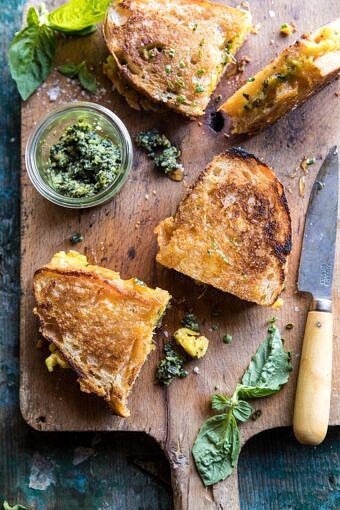 Breakfast Grilled Cheese with Soft Scrambled Eggs and Pesto | halfbakedharvest.com #breakfast #brunch #grilledcheese