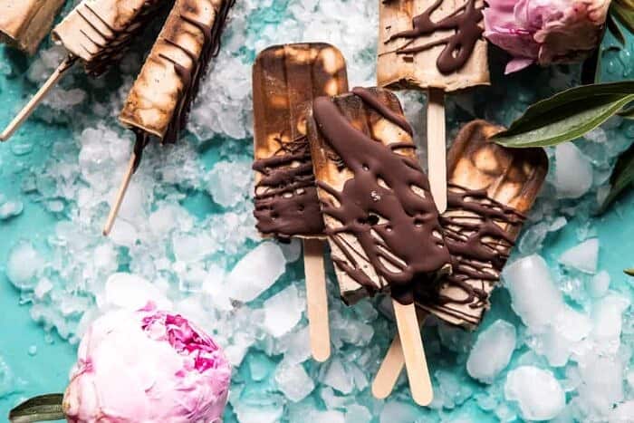 overhead horizontal photo of Chocolate Coconut Latte Fudge Popsicles