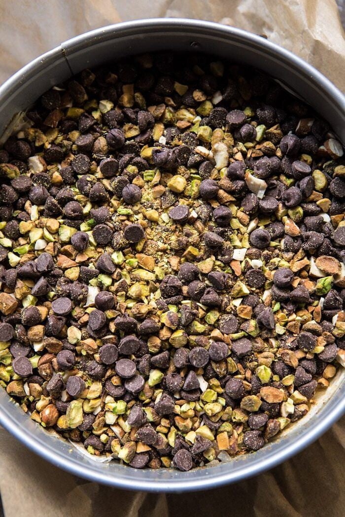 prep photo of nuts and chocolate mix for Easy Pistachio Chocolate Baklava
