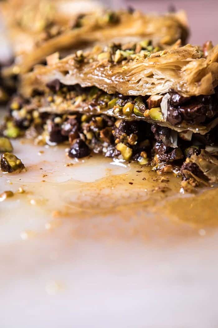 side angle photo of cut into Easy Pistachio Chocolate Baklava