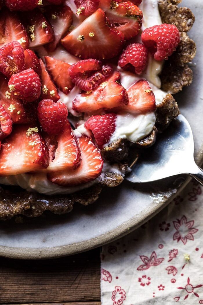 close up overhead photo of cut into No Bake Greek Yogurt Fruit Tart 
