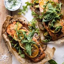 Parchment Baked Lemon Salmon and Potatoes with Dill Yogurt | halfbakedharvest.com #healthy #recipe #salmon #easyrecipe