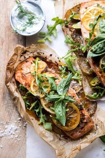 Parchment Baked Lemon Salmon and Potatoes with Dill Yogurt | halfbakedharvest.com #healthy #recipe #salmon #easyrecipe