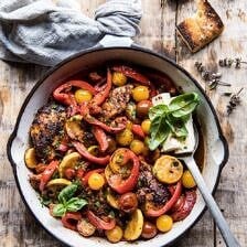 Skillet Lemon Pepper Chicken and Garden Veggies with Feta and Basil | halfbakedharvest.com #chicken #easyrecipes #summer