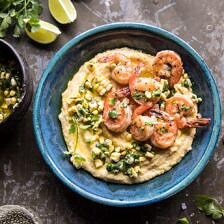 Sweet Corn Chimichurri Butter Shrimp with Polenta | halfbakedharvest.com #summer #shrimp #easyrecipes