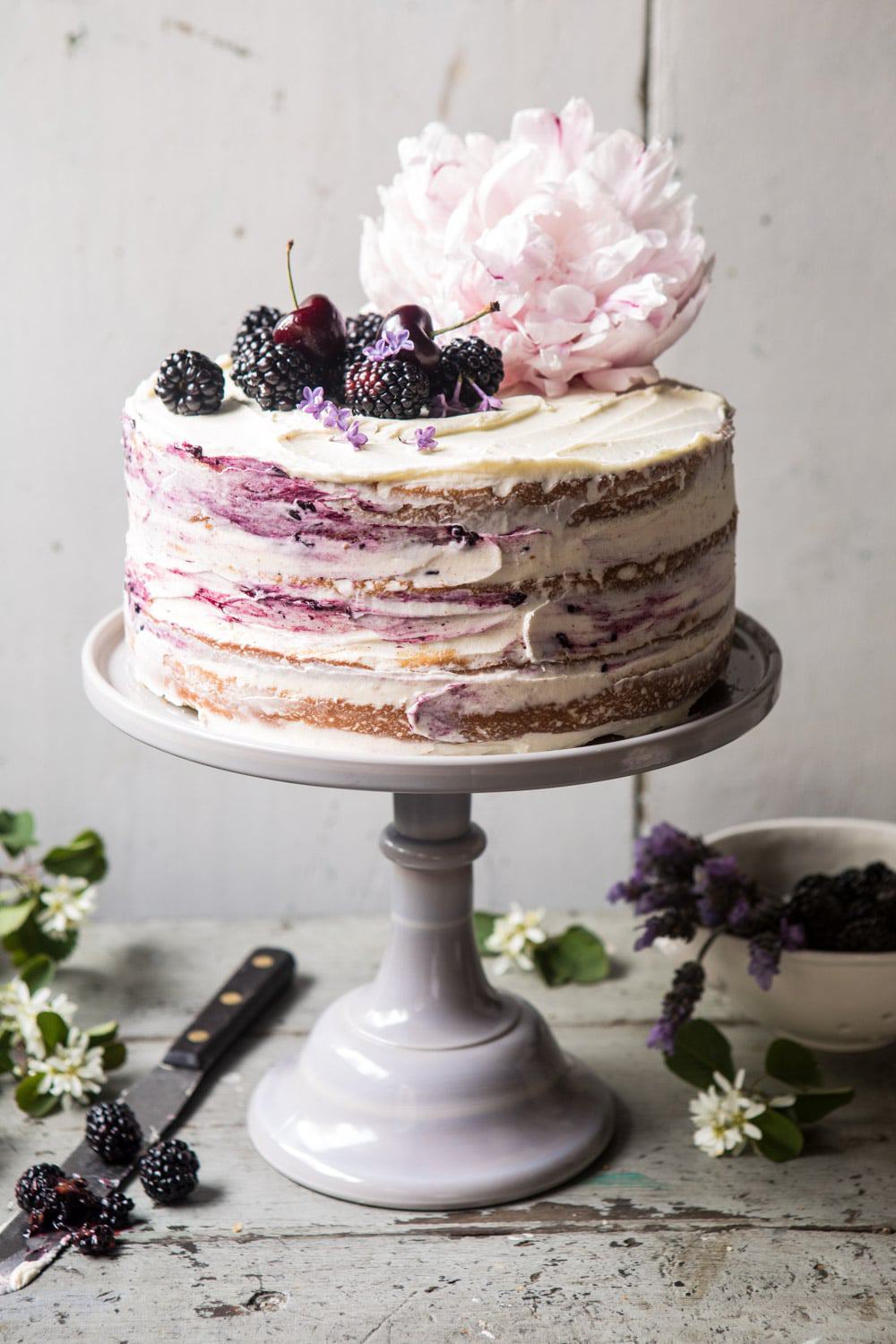 Blackberry Lavender Naked Cake with White Chocolate Buttercream | halfbakedharvest.com #summerrecipes #layercake #blueberries