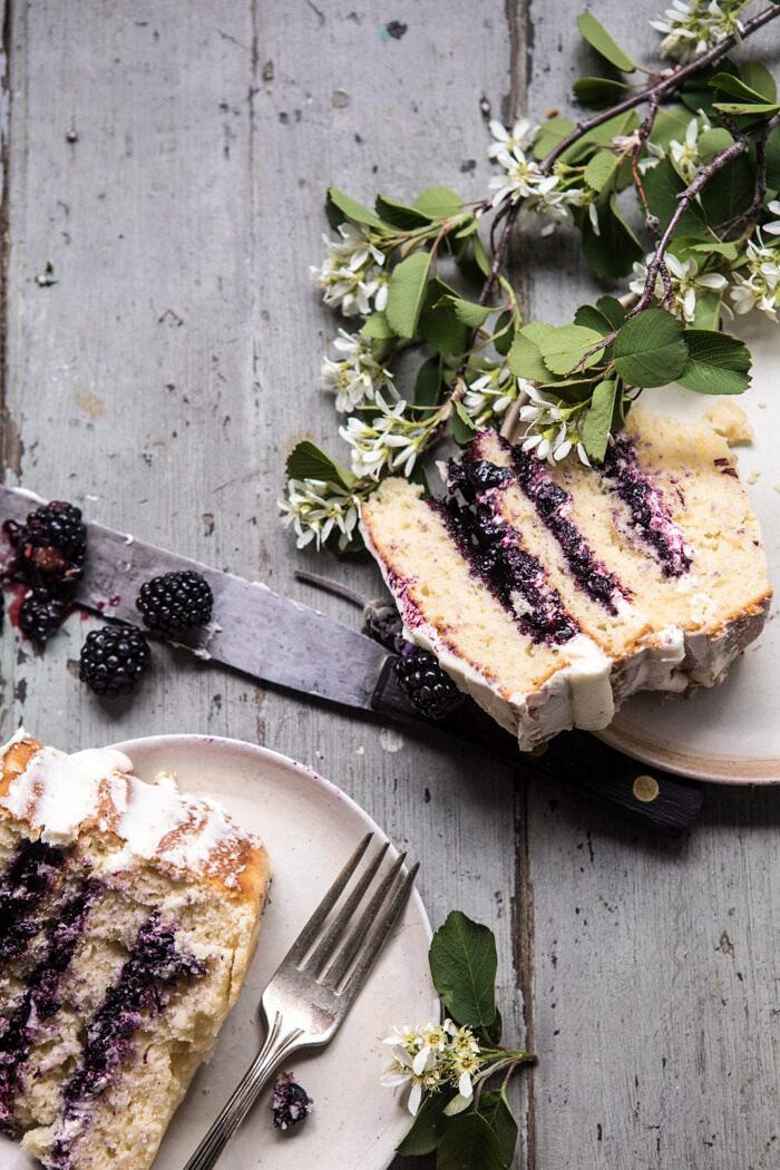 Blackberry Lavender Naked Cake with White Chocolate Buttercream | halfbakedharvest.com #summerrecipes #layercake #blueberries