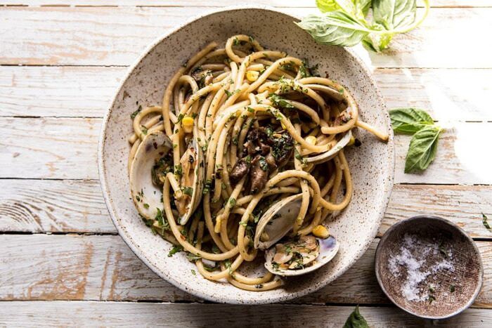 overhead horizontal photo of Buttery Mushroom and Clam Pasta 