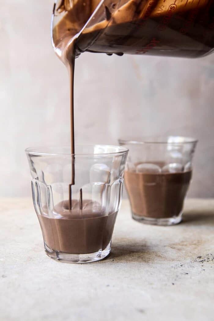 front on prep photo of pouring chocolate custard 