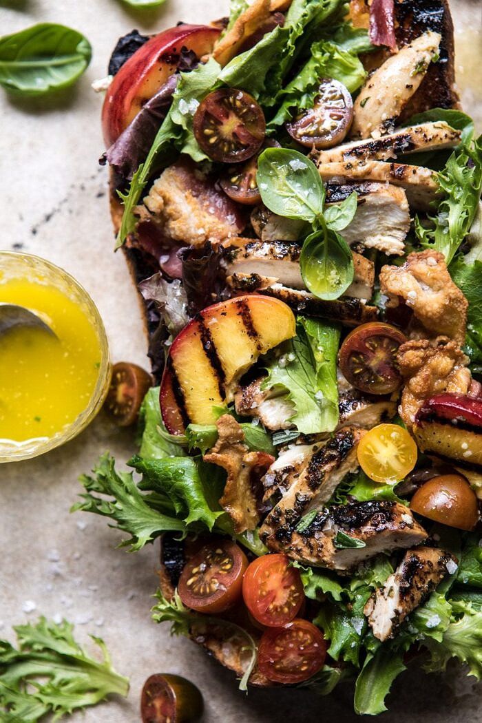 close up photo of Open Faced Rosemary Chicken, Peach, and Bacon Sandwich