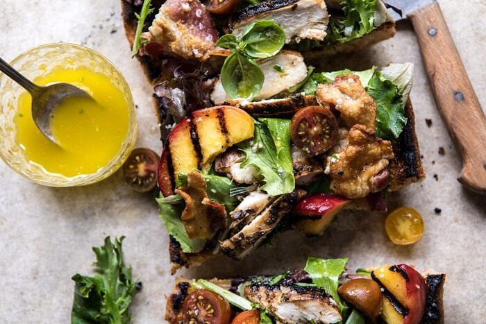 horizontal overhead photo of Open Faced Rosemary Chicken, Peach, and Bacon Sandwich