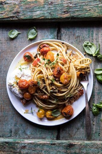 Skillet Burst Cherry Tomato Summer Pasta with Lemony Breadcrumbs | halfbakedharvest.com #pasta #tomatoes #burrata #summerrecipes