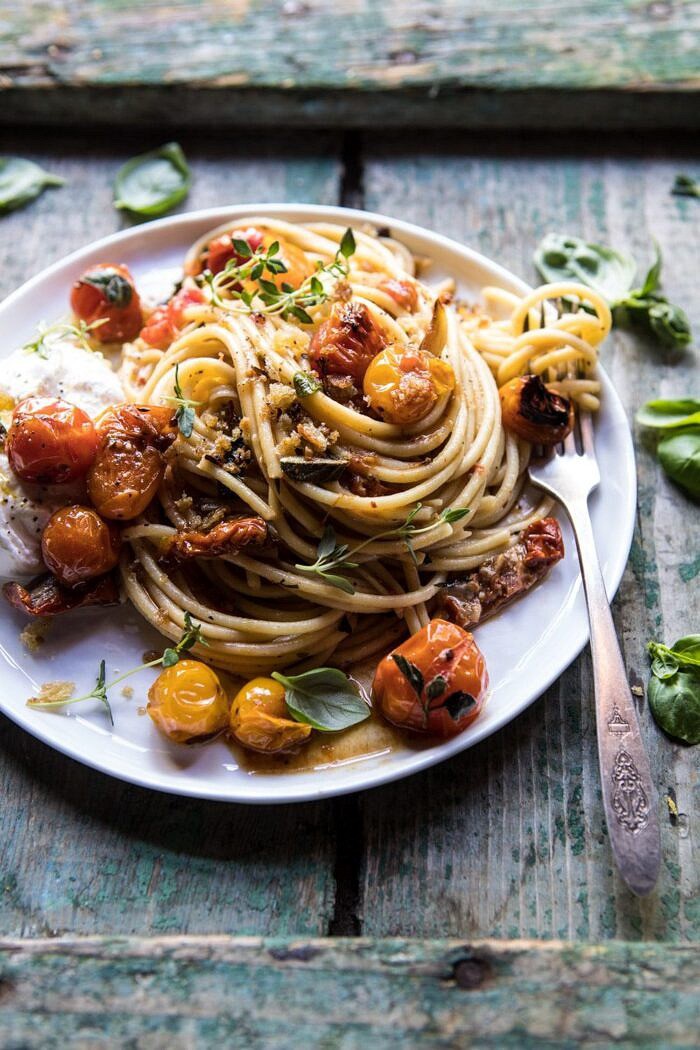 side angled photo of Skillet Burst Cherry Tomato Summer Pasta with Lemony Breadcrumbs 