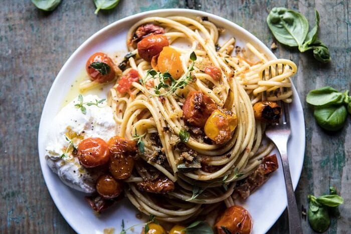 horizontal photo of Skillet Burst Cherry Tomato Summer Pasta with Lemony Breadcrumbs 