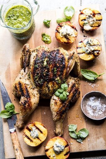 Whole Grilled Chicken with Peaches and Basil Vinaigrette | halfbakedharvest.com #chicken #easy #grilling #summer