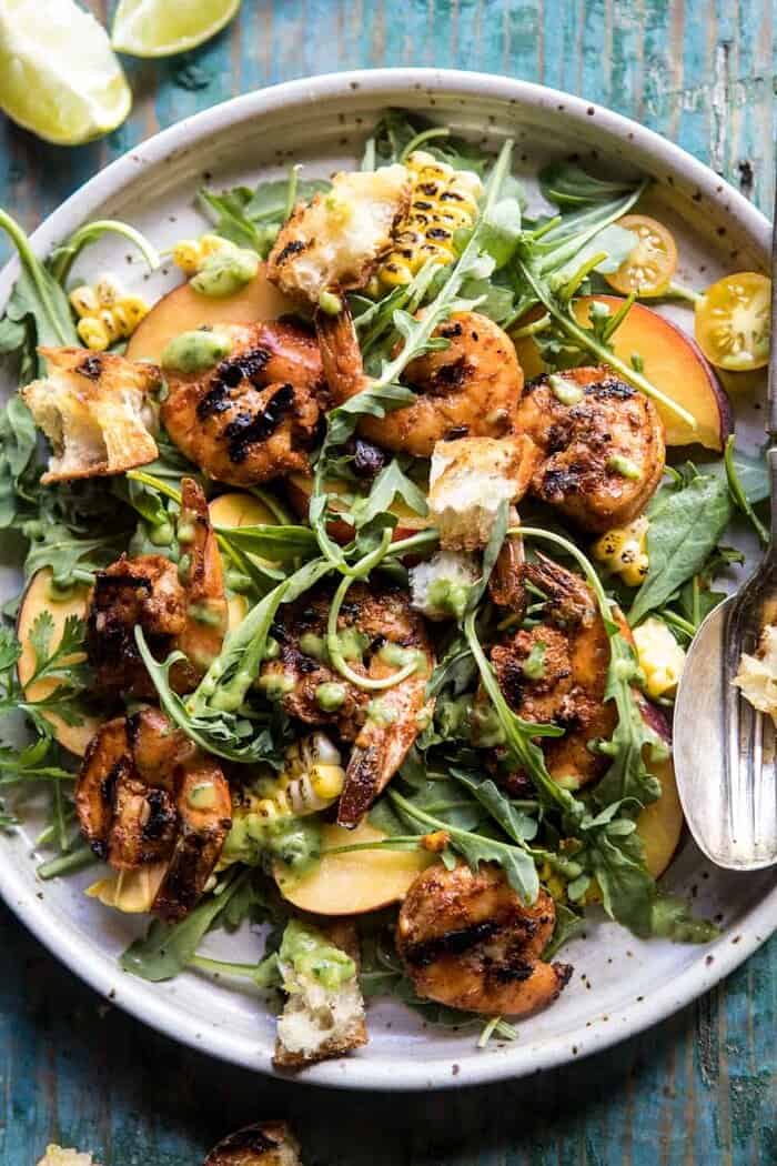 Zesty Grilled Shrimp, Bread and Sweet Peach Salad with Avocado Vinaigrette | halfbakedharvest.com #salad #shrimp #healthyrecipes #summerrecipes #grilling