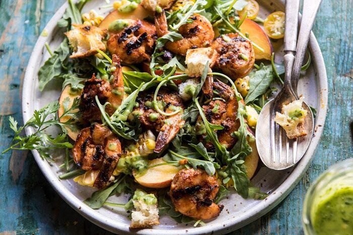 Zesty Grilled Shrimp, Bread and Sweet Peach Salad with Avocado Vinaigrette | halfbakedharvest.com #salad #shrimp #healthyrecipes #summerrecipes #grilling