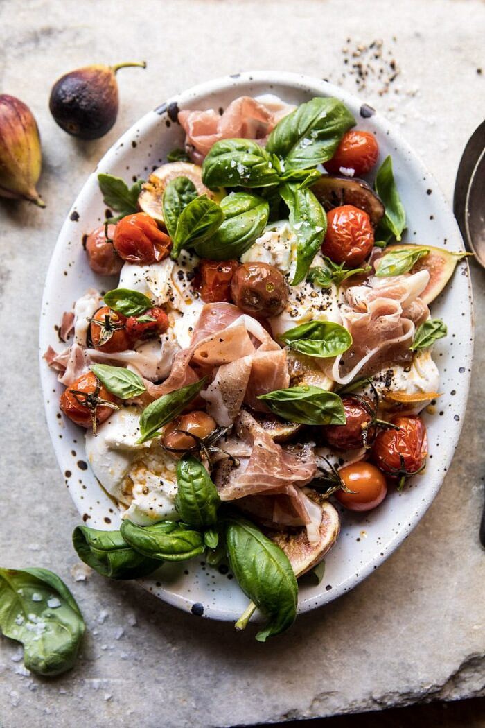 Fresh Fig, Prosciutto, and Arugula Salad with Cherry Tomato Vinaigrette | halfbakedharvest.com #summer #salad #tomatoes #burrata