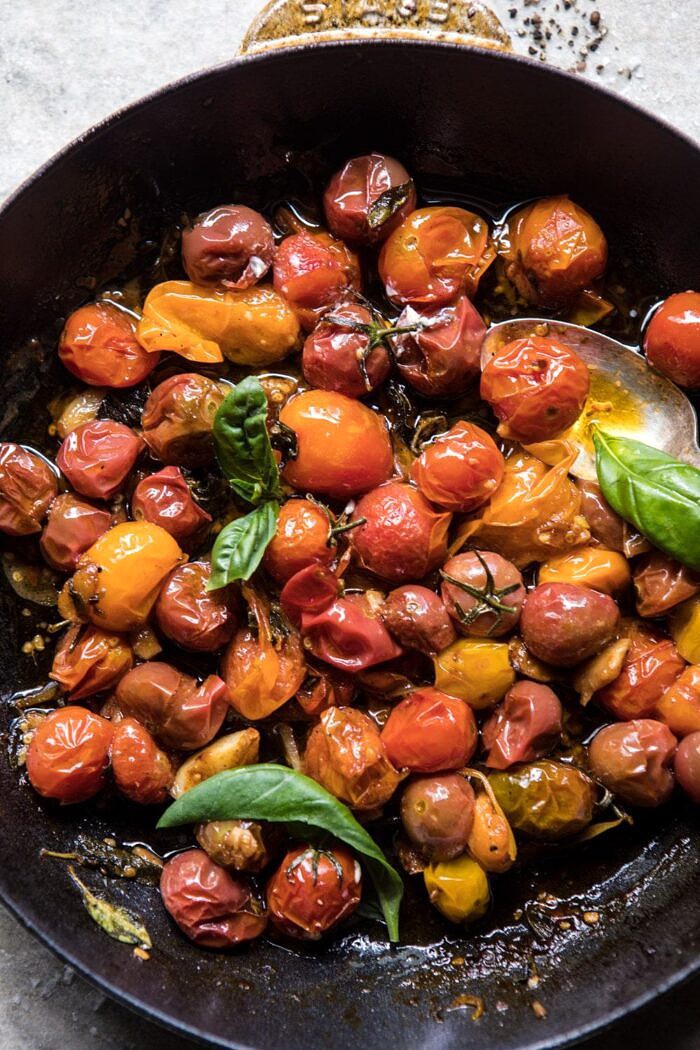 overhead photo of cherry tomato vinaigrette in skillet 