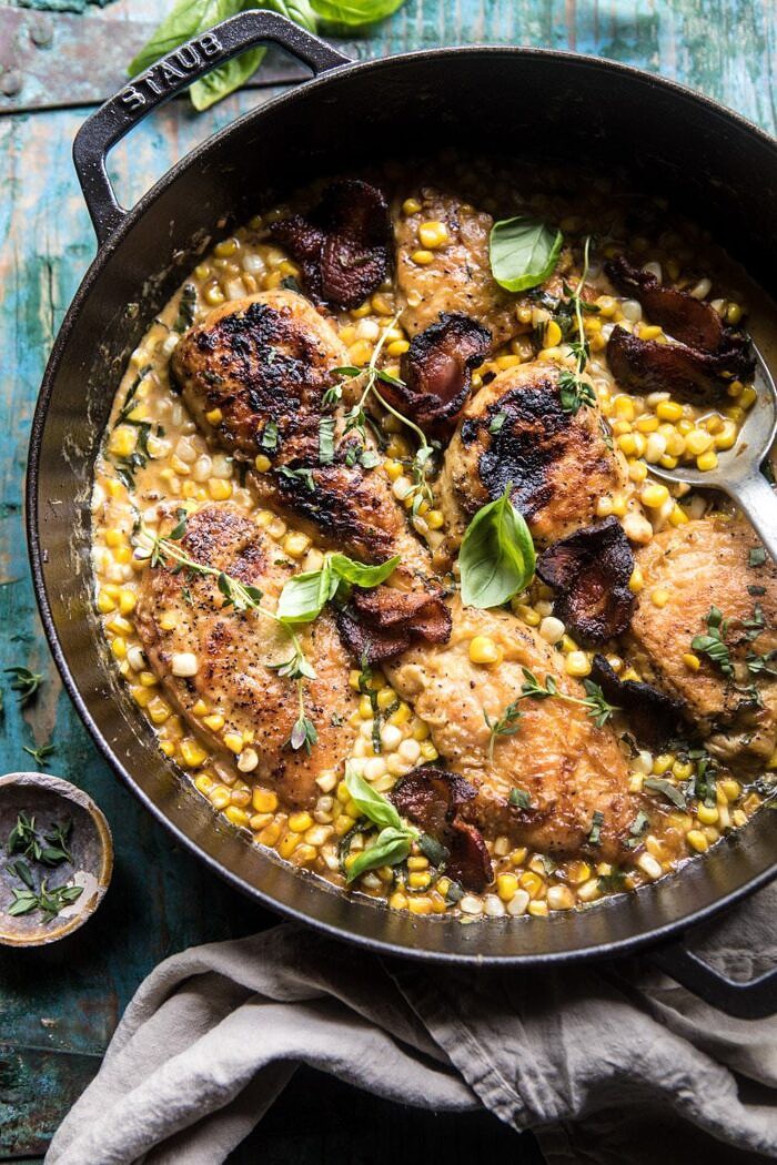 overhead photo of Garlic Butter Creamed Corn Chicken 