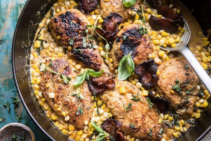 overhead horizontal photo of Garlic Butter Creamed Corn Chicken 