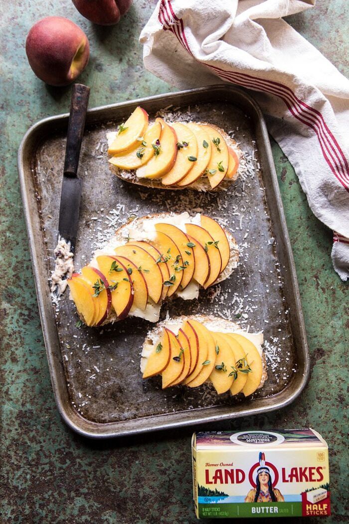 overhead photo of Honey, Peach, and Brie Panini with Bacon Butter without tops of bread and before cooking
