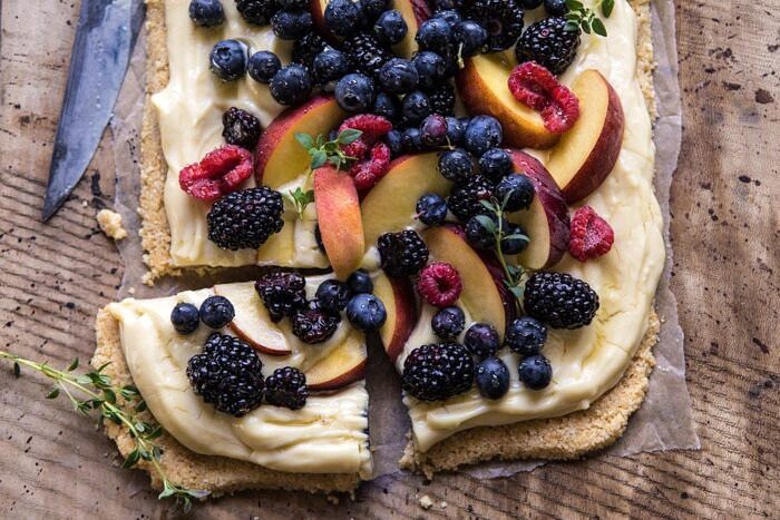 horizontal overhead photo of No Bake Mixed Berry Custard Tart
