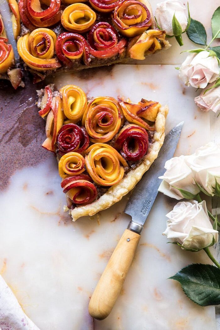 overhead close up photo of Sweet Peach Rose Tart triangle with roses in photo