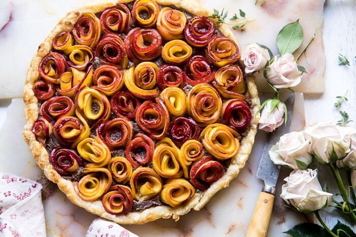overhead horizontal photo of Sweet Peach Rose Tart