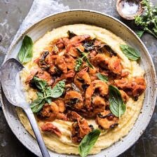 Basil Pomodoro Shrimp with Creamed Corn Polenta | halfbakedharvest.com #shrimp #easyrecipes #polenta #healthy