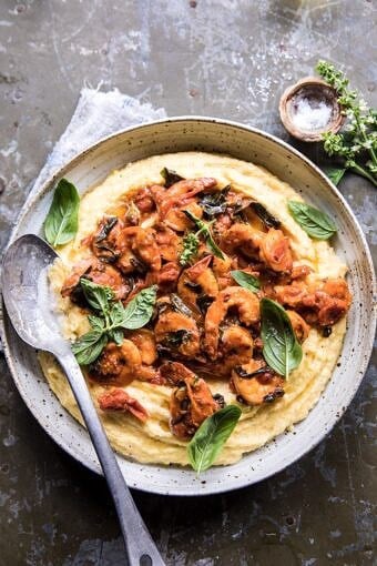 Basil Pomodoro Shrimp with Creamed Corn Polenta | halfbakedharvest.com #shrimp #easyrecipes #polenta #healthy
